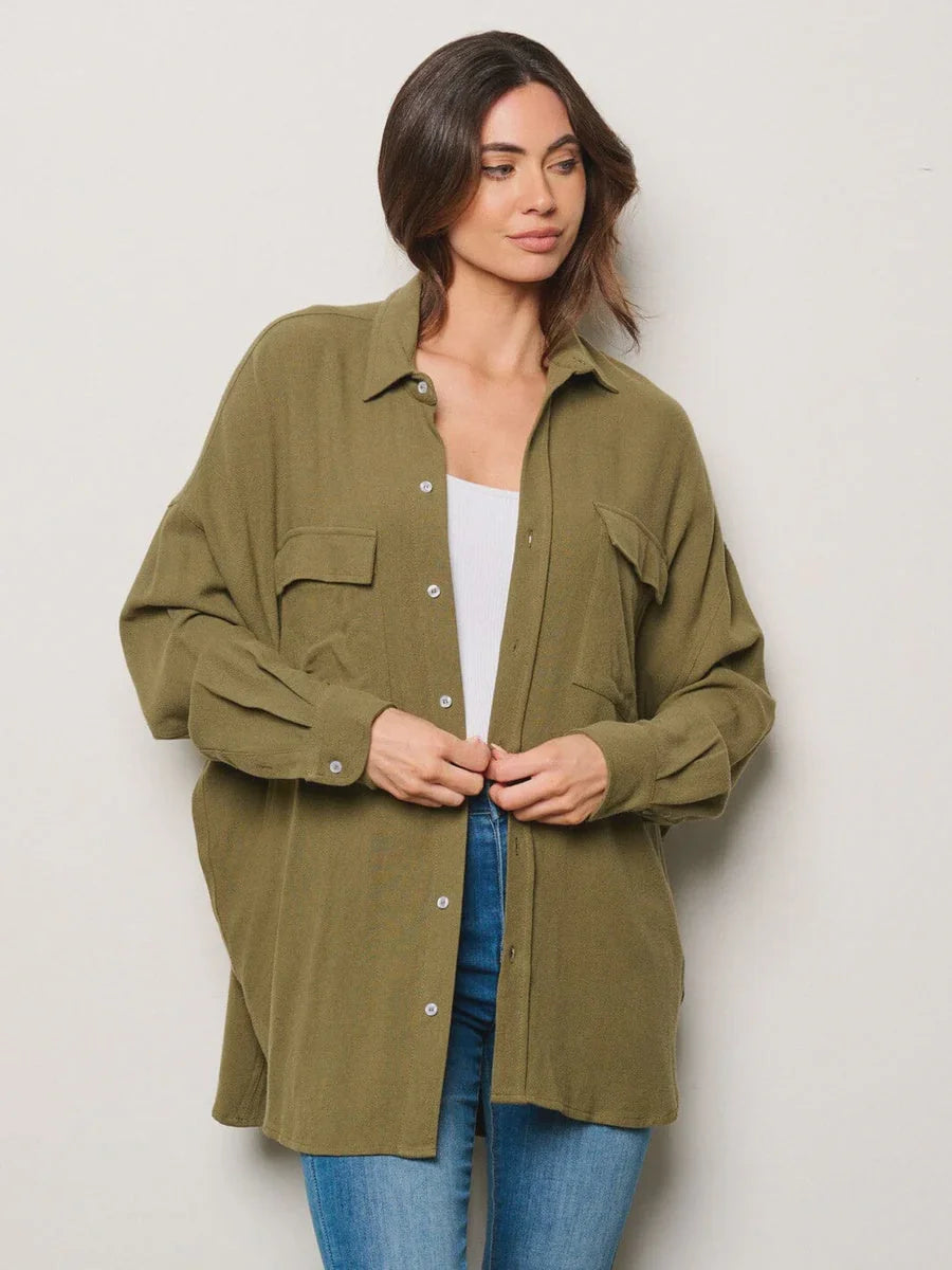 LONG SLEEVE BUTTON UP OVERSIZED SHIRT-- Spandex Blend Rayon Blend Denim Blend