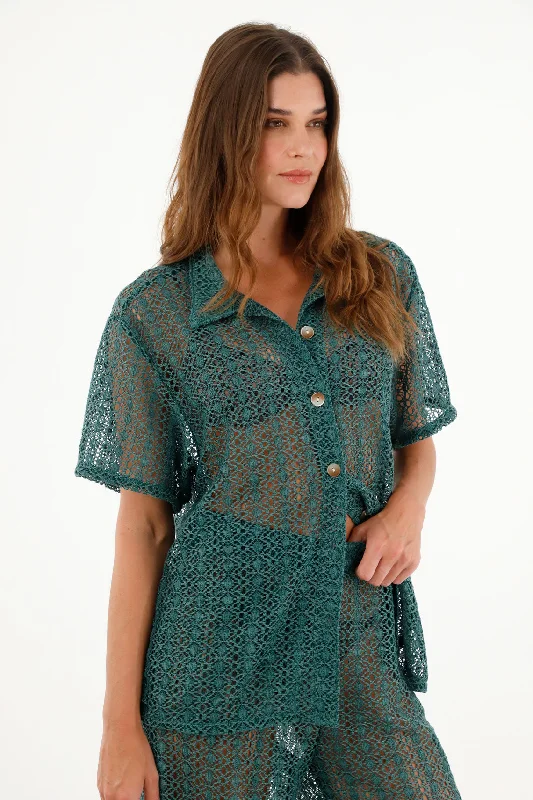Women's Green Bowling Shirt-- Casual Formal Business