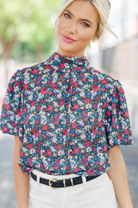 Can't Let You Go Black Floral Blouse High Neck Blouse