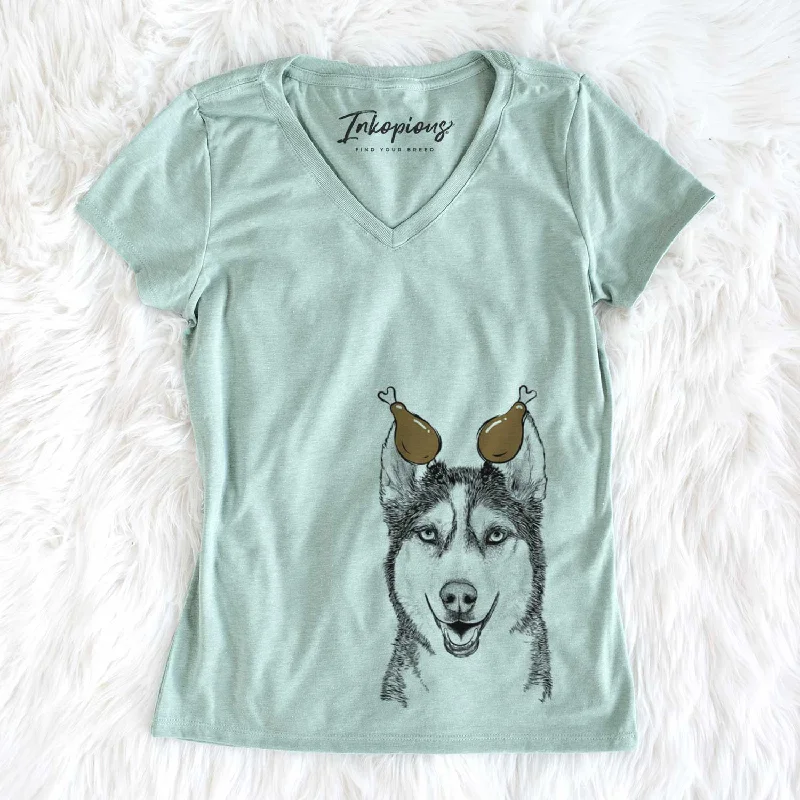 Thanksgiving Kira the Siberian Husky - Women's V-neck Shirt-- Mesh Fabric Canvas Fabric Denim Fabric Thanksgiving Kira the Siberian Husky - Women's V-neck Shirt-- Mesh Fabric Canvas Fabric Denim Fabric
