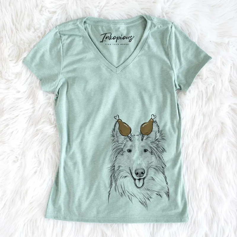 Thanksgiving Conrad the Rough Collie - Women's V-neck Shirt-- Solid Color Striped Floral