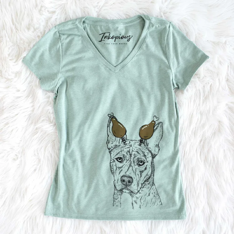 Thanksgiving Leo the Ibizan Hound Bull Mastiff Mix - Women's V-neck Shirt-- Beaded Sequined Faux Fur Thanksgiving Leo the Ibizan Hound Bull Mastiff Mix - Women's V-neck Shirt-- Beaded Sequined Faux Fur
