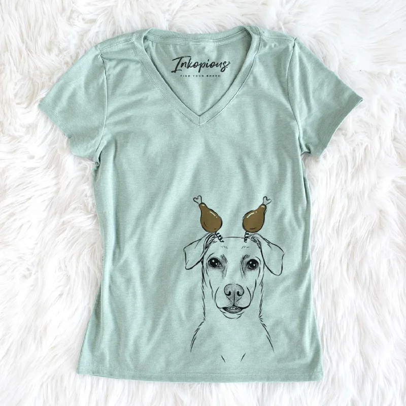 Thanksgiving Koa the Jack Russell Terrier - Women's V-neck Shirt-- Denim Fabric Leather Fabric Suede Fabric Thanksgiving Koa the Jack Russell Terrier - Women's V-neck Shirt-- Denim Fabric Leather Fabric Suede Fabric