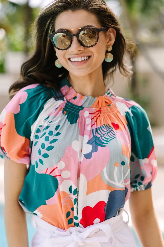 Feeling Fun Jade Green Floral Bubble Sleeve Blouse Lightweight Chiffon Blouse