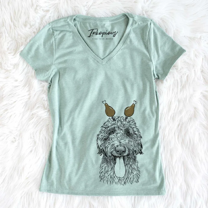 Thanksgiving CiCi Paulk the Aussiedoodle - Women's V-neck Shirt-- Chenille Brocade Lace Thanksgiving CiCi Paulk the Aussiedoodle - Women's V-neck Shirt-- Chenille Brocade Lace