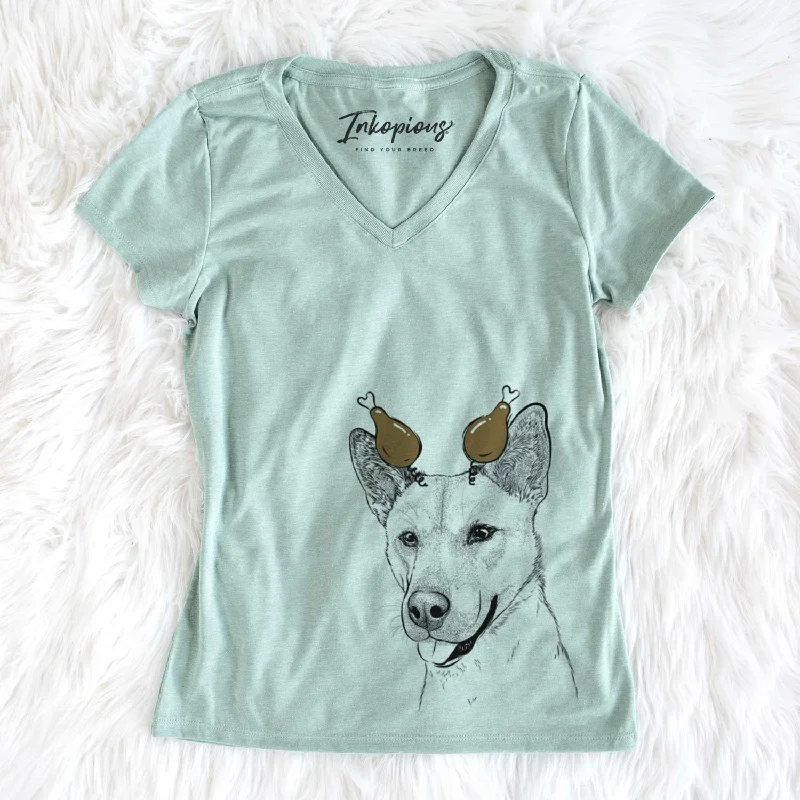 Thanksgiving Kulfi the Jindo Shiba Inu Mix - Women's V-neck Shirt-- Hooded Caped Shawl Collar Thanksgiving Kulfi the Jindo Shiba Inu Mix - Women's V-neck Shirt-- Hooded Caped Shawl Collar