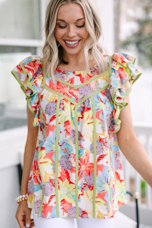 No Pressure Chartreuse Yellow Floral Blouse Sheer Sleeve Blouse