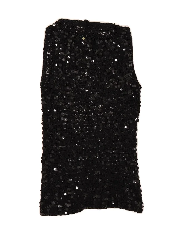 VINTAGE Womens Sleeveless Crochet Blouse Top UK 8 Small Black Short Sleeve Blouse