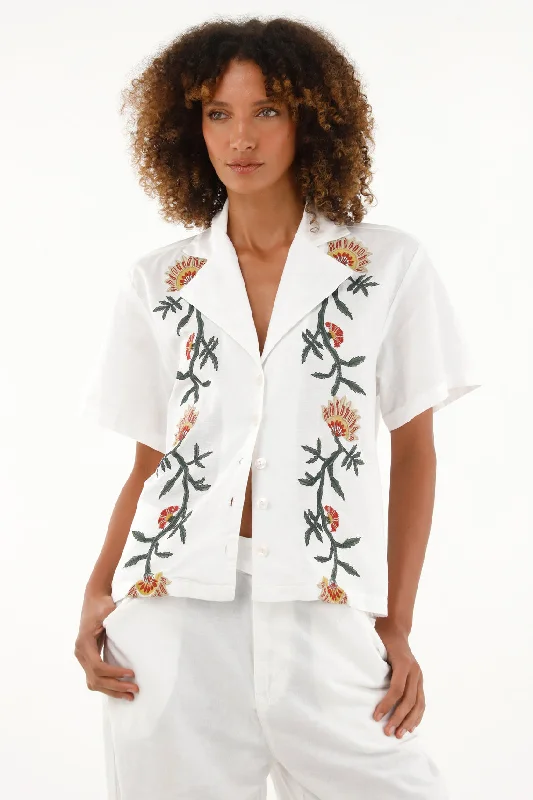 Women's short sleeve bowling shirt-- Striped Floral Plaid