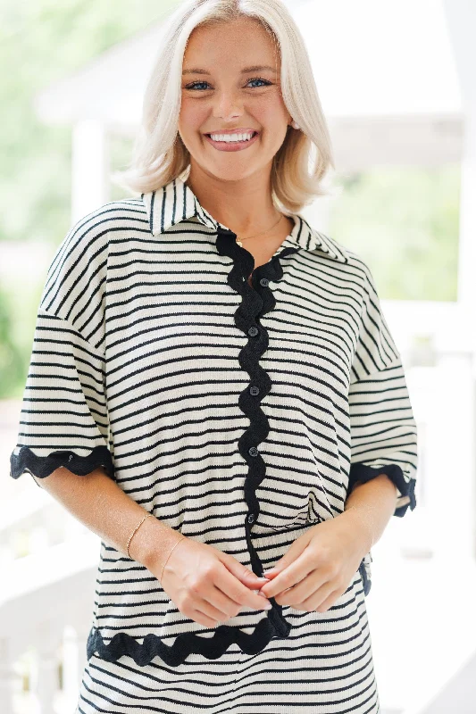 Getting Closer Cream White Striped Blouse Wrap Front Blouse