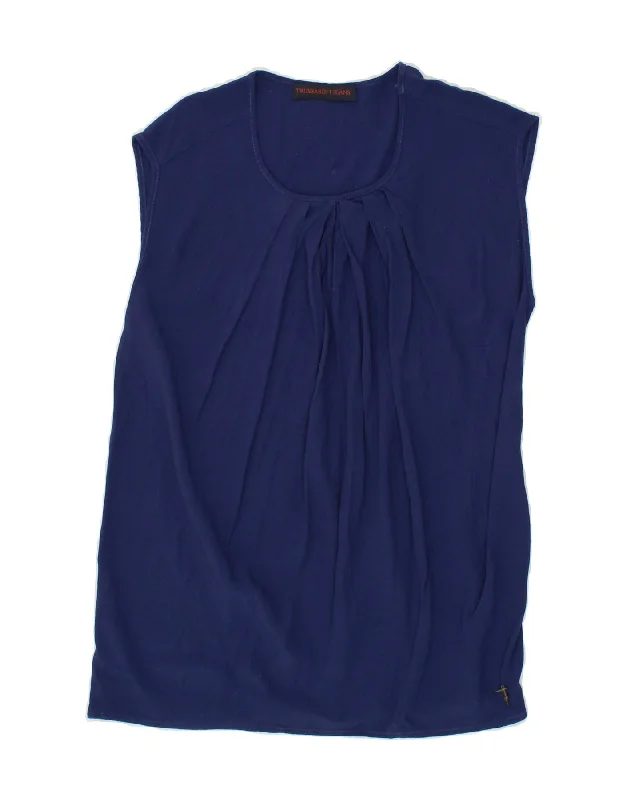 TRUSSARDI JEANS Womens Sleeveless Blouse Top EU 40 Medium Navy Blue Smart Business Blouse TRUSSARDI JEANS Womens Sleeveless Blouse Top EU 40 Medium Navy Blue Smart Business Blouse