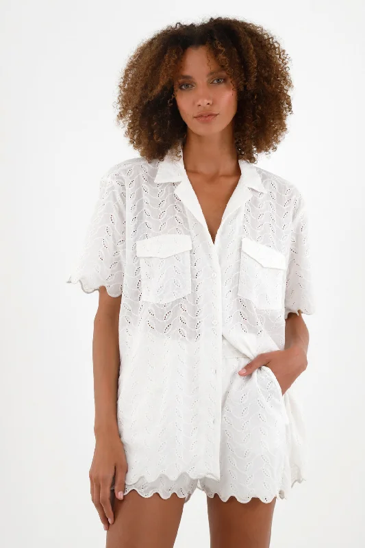 Women's White Eyelet Shirt-- Real Fur Shearling Chenille