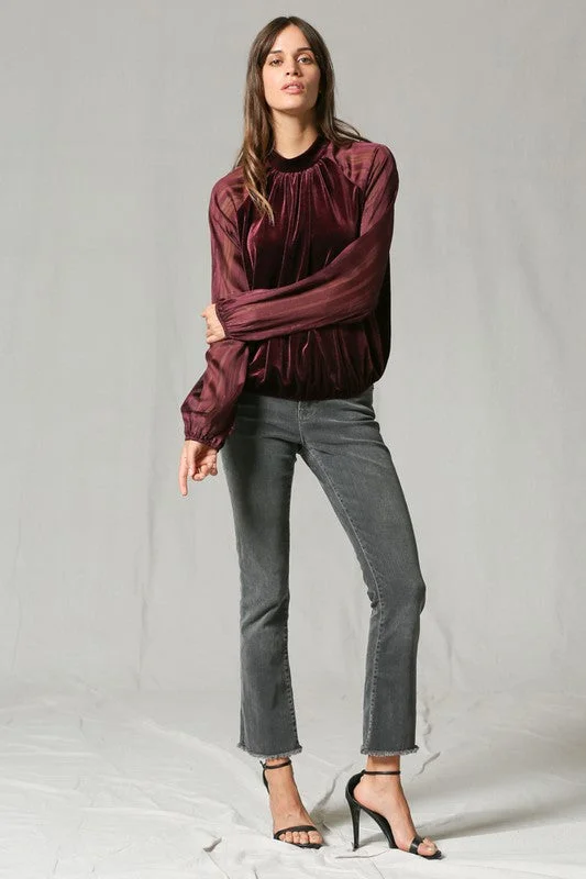 Velvet Crew Neck Blouse Floral Chiffon Blouse