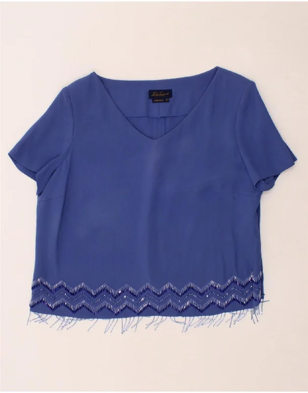 LUISA SPAGNOLI Womens Blouse Top IT 52 2XL Navy Blue Short Sleeve Blouse