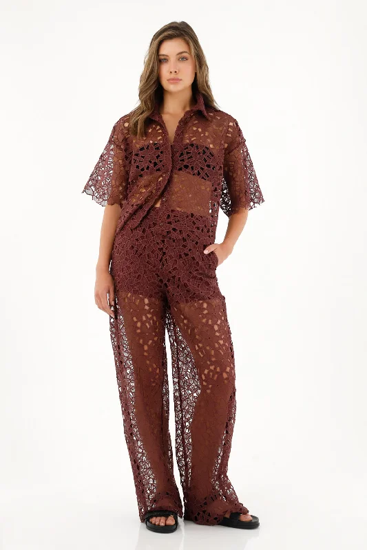 Women's Floral Design Mesh Fabric Shirt-- Print Jacquard Patchwork