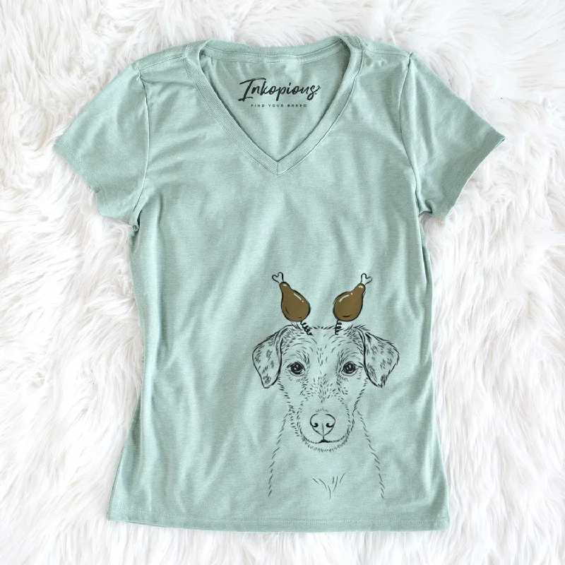 Thanksgiving Kozmo the Jack Russell Terrier - Women's V-neck Shirt-- Zippered Front Buttoned Front Snap Front Thanksgiving Kozmo the Jack Russell Terrier - Women's V-neck Shirt-- Zippered Front Buttoned Front Snap Front