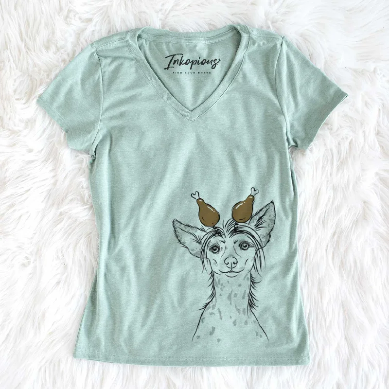 Thanksgiving Hudson the Chinese Crested - Women's V-neck Shirt-- Iron Safe Non-Iron Wrinkle Free