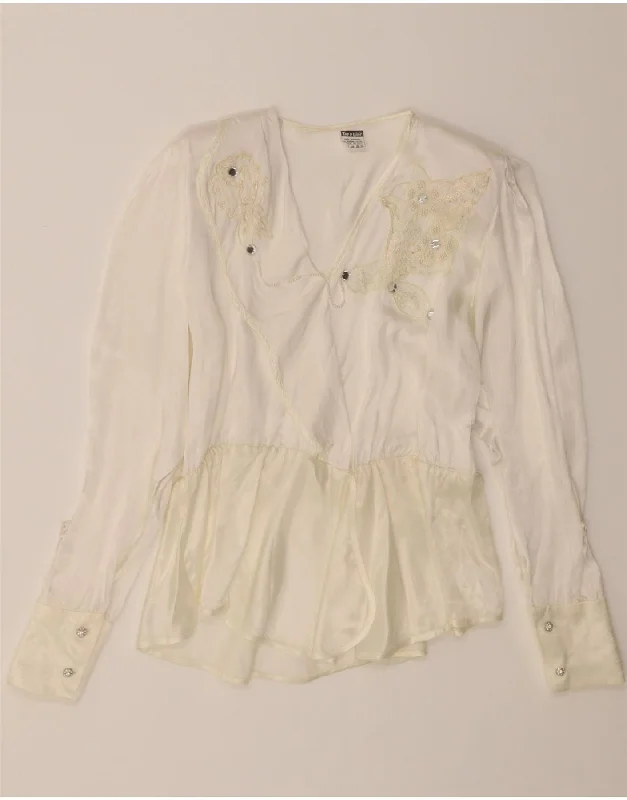 VINTAGE Womens Long Sleeve Blouse Top UK 12 Medium White Viscose High Neck Blouse