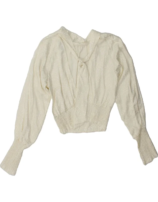 VINTAGE Womens Front Tie Blouse Top UK 12 Medium Beige Animal Print Casual Relaxed Fit Blouse
