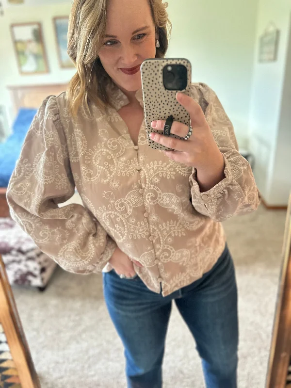 Paisley Eyelet Laced Button Down Blouse - Taupe Delicate Bow Blouse