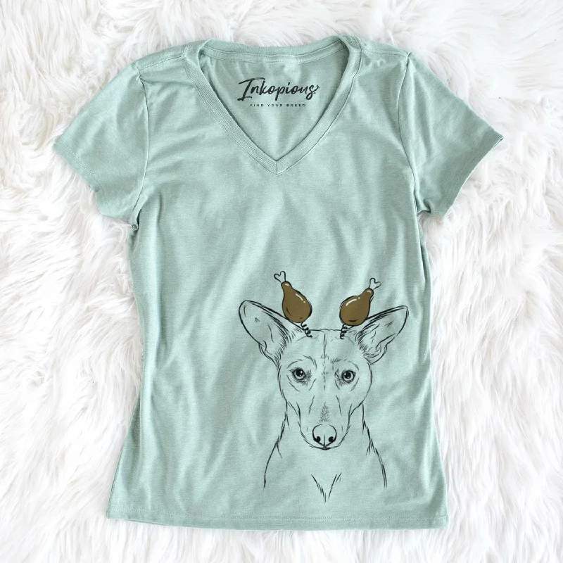 Thanksgiving Buff the Dorgi - Women's V-neck Shirt-- Front Pockets Side Pockets Patch Pockets Thanksgiving Buff the Dorgi - Women's V-neck Shirt-- Front Pockets Side Pockets Patch Pockets