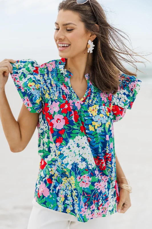 Live Out Loud Navy Blue Floral Blouse Ruched Sleeve Blouse