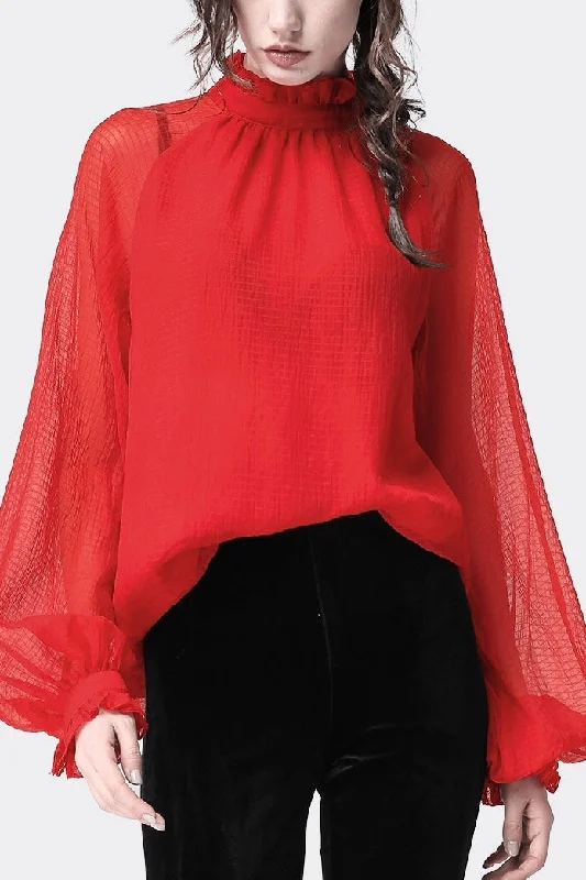 Red Batwing Sleeve Blouse Double Button Blouse