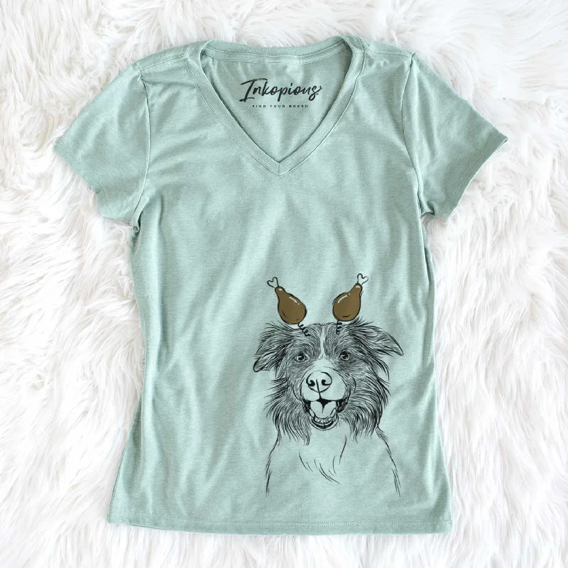 Thanksgiving Dizzy the Border Collie - Women's V-neck Shirt-- Graphic Embroidered Appliqued