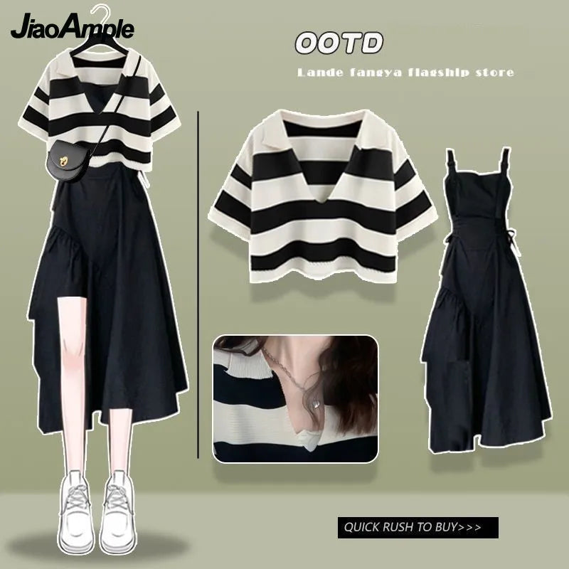 Yipinpay Women's Summer Fashion Stripe Short Sleeve Top+Strap Skirt Two Piece Korean Elegant Blouse Dress Suit 2024 New Matching Set Casual Button Blouse