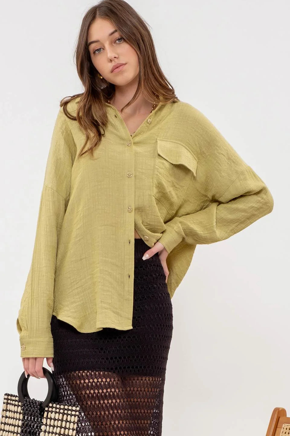 SOLID LIGHTWEIGHT BUTTON DOWN SHIRT-- Collared T-Shirt Boat Neck A-Line