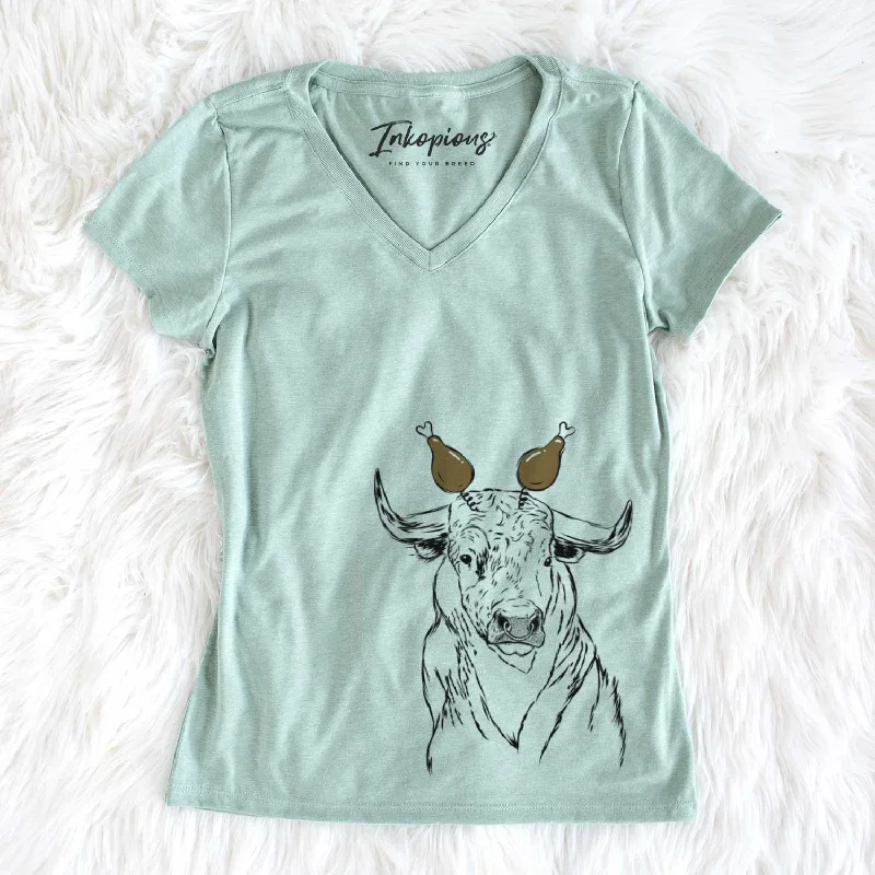 Thanksgiving Ferdinand the Bull - Women's V-neck Shirt-- Welt Pockets Slit Pockets Flap Pockets Thanksgiving Ferdinand the Bull - Women's V-neck Shirt-- Welt Pockets Slit Pockets Flap Pockets