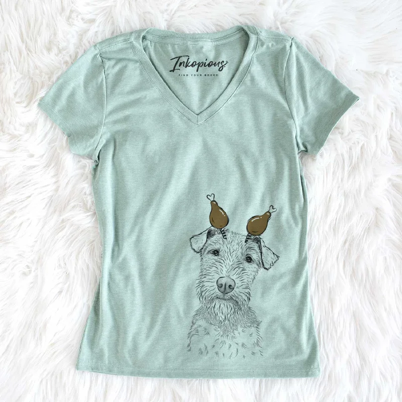 Thanksgiving Kiara the Welsh Terrier - Women's V-neck Shirt-- Solid Print Embellished