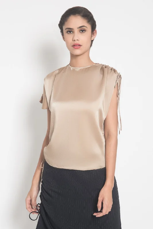 Drawstring Blouse in Nude Gold Romantic Lace Blouse
