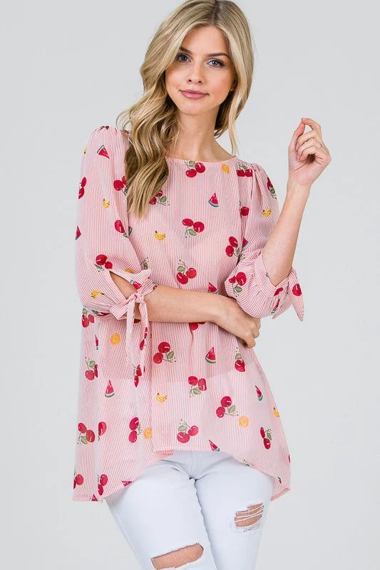 Fruit and Stripe Print Blouse Subtle Shimmer Blouse