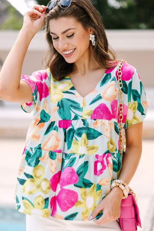 A True Beauty Mint Green Floral Babydoll Blouse Elegant Semi-Sheer Blouse