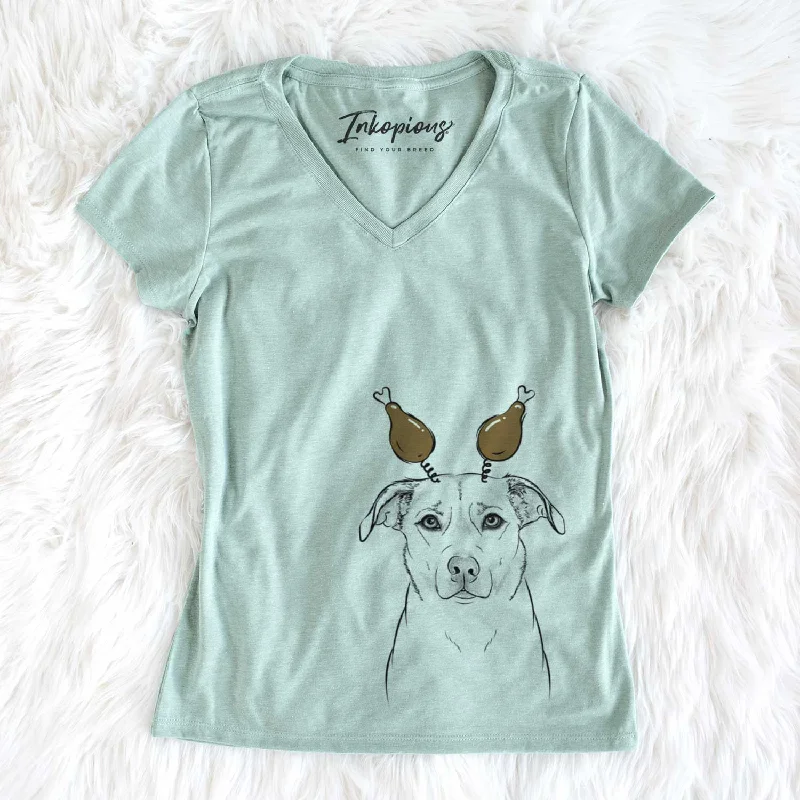 Thanksgiving Mica the Labrador Pittbull Mix - Women's V-neck Shirt-- Mesh Canvas Denim