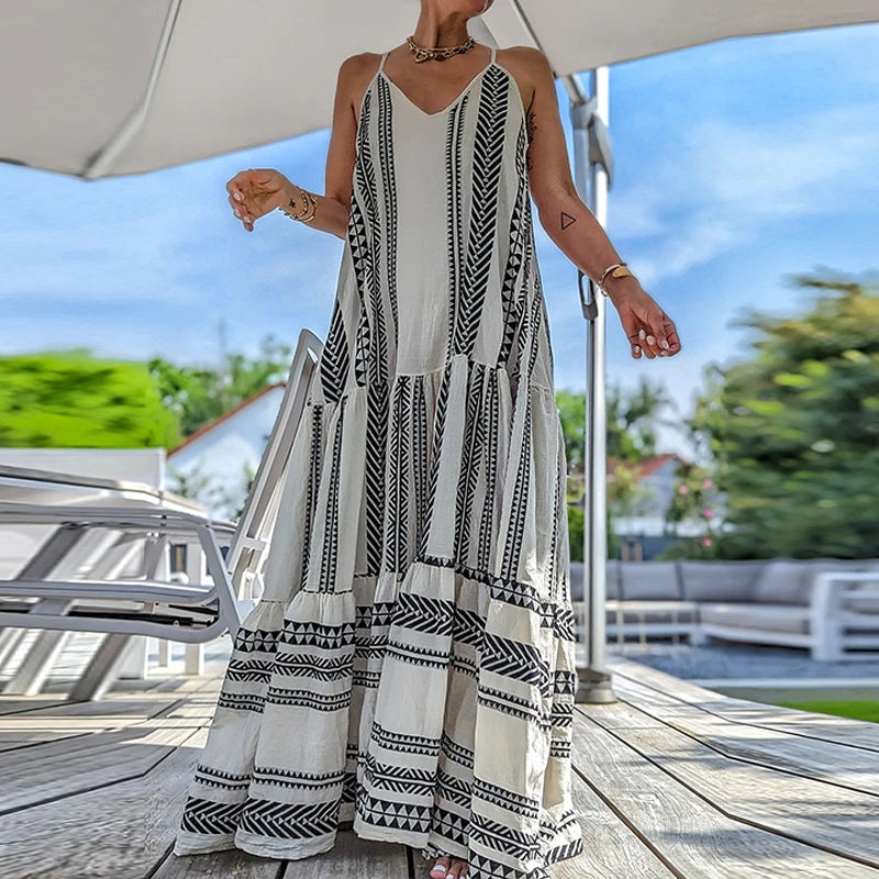 Bonnyshow Summer Print Sleeveless Loose Sling Dress Elegant Casual V Neck Ruffles Party Dress Female Fashion Holiday Boho Beach Long Dress Tunics Leisure comfortable Bonnyshow Summer Print Sleeveless Loose Sling Dress Elegant Casual V Neck Ruffles Party Dress Female Fashion Holiday Boho Beach Long Dress Tunics Leisure comfortable