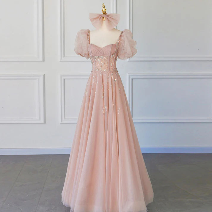 Shiny Pink A Line Long Prom Dress Cute Fairy Formal Party Dress MD7576 Tunics Top Casual