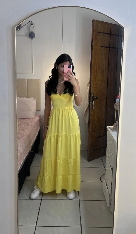 Yellow V Neck Straps A-Line Long Party Dress Vacation Dress, D139 Tunics Exclusive limited