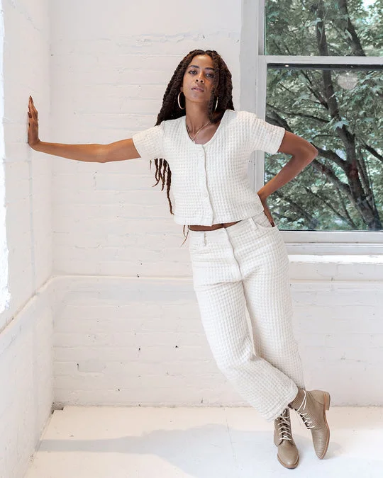 Wide Leg Waffle Pants (Natural) Warm Wool Trousers