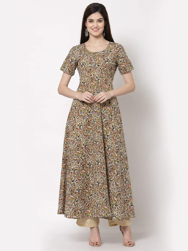Cotton Printed Flared Long Dress Crew Neckline Sporty