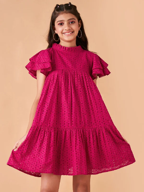 Girl's Magenta Cotton Embroidered Dress - Cherry & Jerry Tunics Business professional