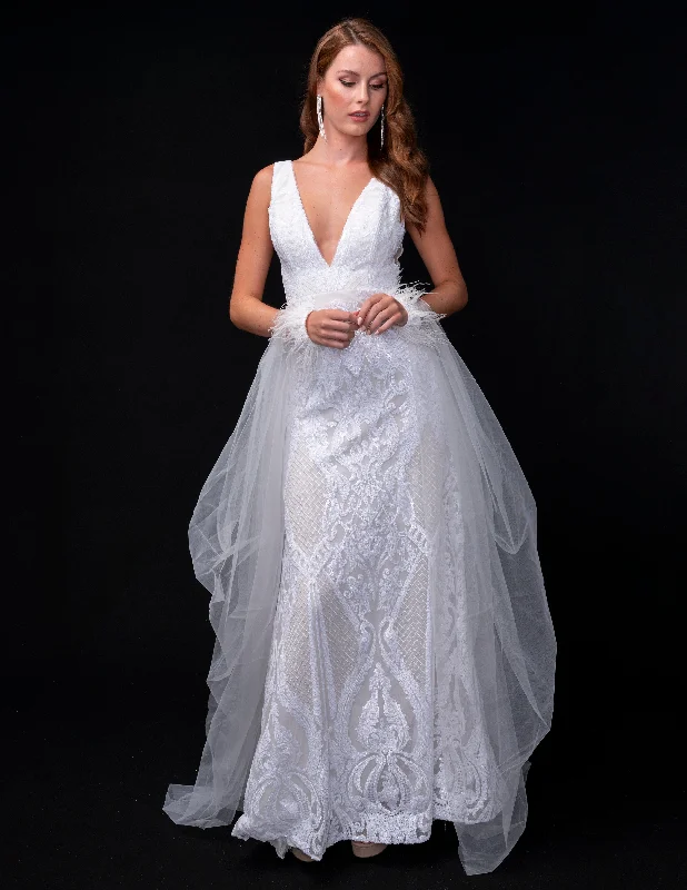 Nina Canacci 8224 Size 6 Ivory Sequin Pageant Dress Feather Cuff Overskirt Cape Gown Fitted V Neck Tunics Velvet soft