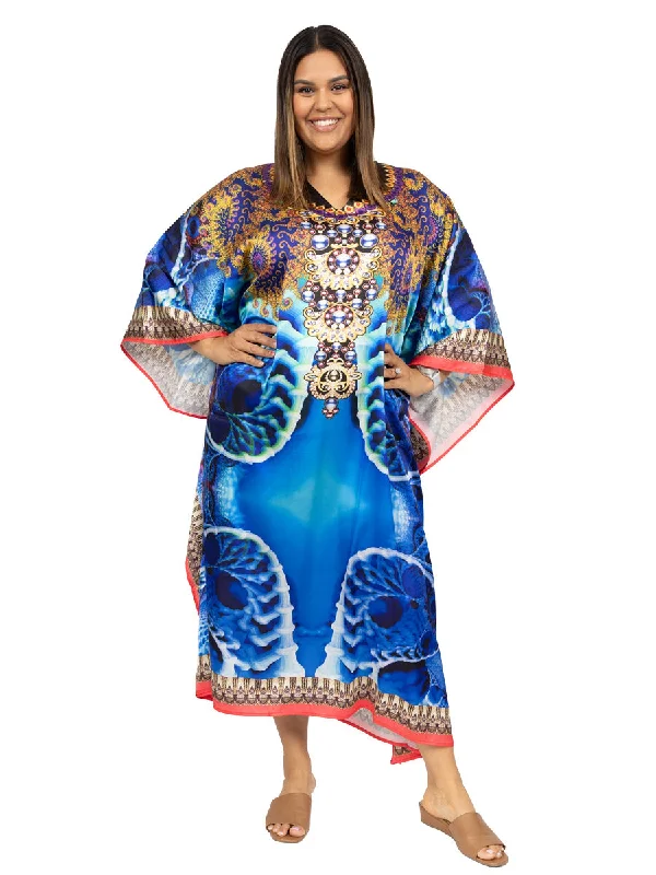 Whitelea Kaftan Dress - Blue Print Crew Neckline Casual