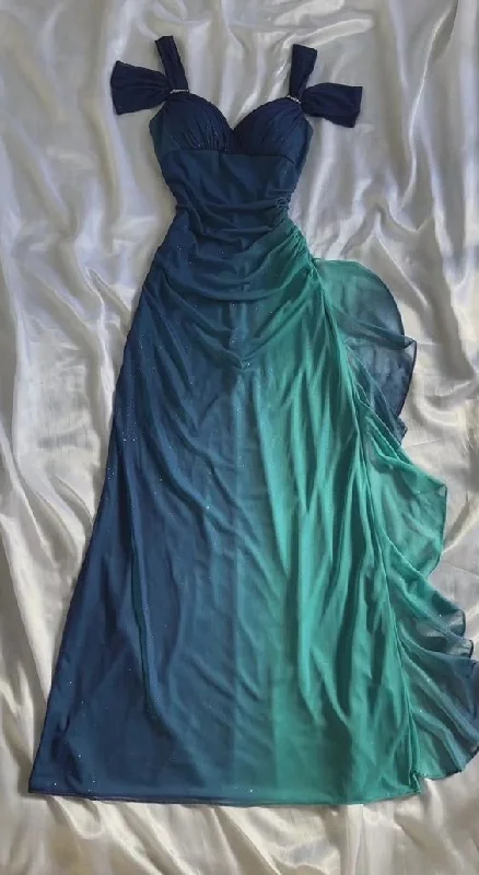 Shiny Blue Spaghetti Straps Ruffles Vintage Long Party Dress MD7390 Off-the-shoulder Chic Trendy
