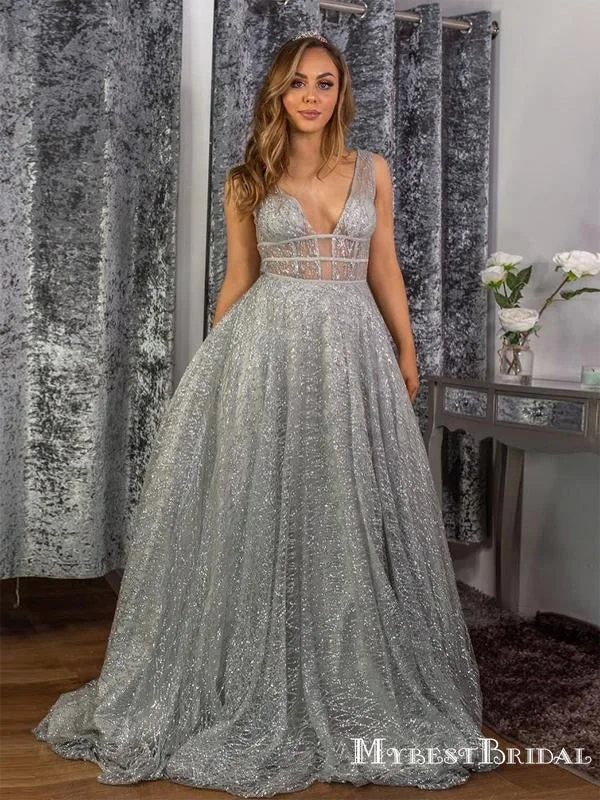 Charming A-Line Silver Sequined V Neck Sparkly  Sexy Party Dress Long Cheap Formal Prom Dresses, PDS0034 Tunics Review highly