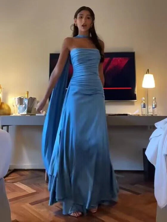 Strapless Blue A Line Satin Long Prom Dress Formal Party Dress MD7586 Tunics Spring floral