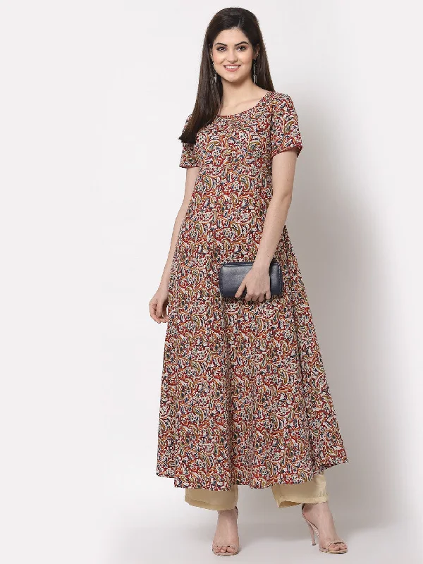 Cotton Printed Flared Long Dress sweetheart Neckline Romantic