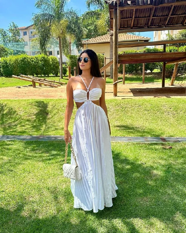 White Straps A-Line Fashion Vacation Dress Long Party Dress, D80 Turtleneck Neckline Stylish White Straps A-Line Fashion Vacation Dress Long Party Dress, D80 Turtleneck Neckline Stylish