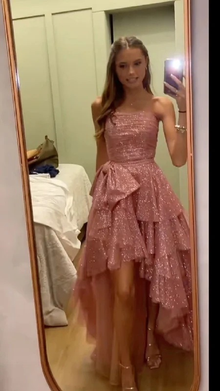 Shiny Pink Strapless A-Line High-Low Party Dress Birthday Gowns MD7289 Tunics Solid Classic